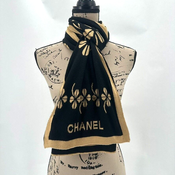 CHANEL Vintage Clover Leaf Thermal Scarf Black Brown Wool Cashmere Blend OS - Picture 1 of 7